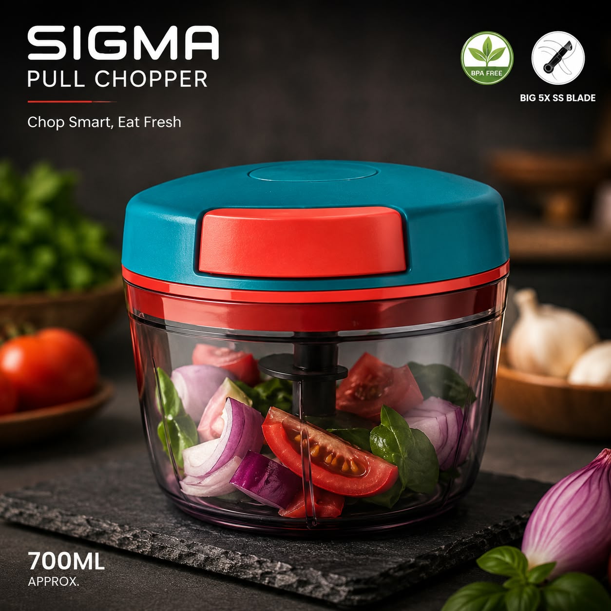Sigma pull chopper food processor with a teal and red lid, shown chopping vegetables in a clear bowl. The image includes text overlays reading 'SIGMA PULL CHOPPER', 'Chop Smart, Eat Fresh', '700ML APPROX.