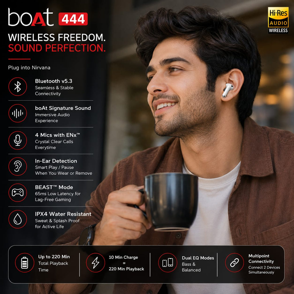 A man wearing a brown jacket and white t-shirt holds a black coffee mug while wearing a pair of white wireless earbuds. The left side features a black information panel with white and red text detailing the features of the boAt 444 earbuds, including Bluetooth v5.