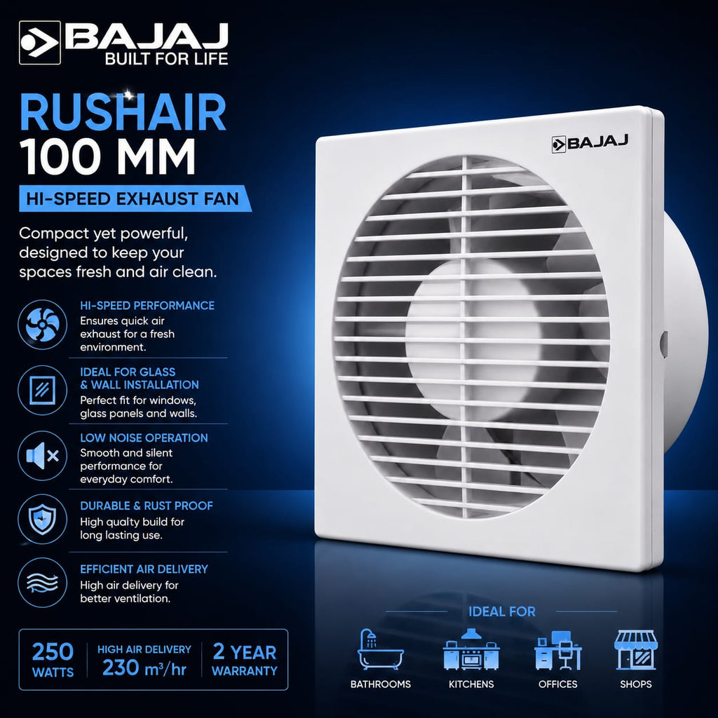 A Bajaj Rushair 100 mm high-speed exhaust fan in white, shown on a dark blue promotional background with product features, specifications, and usage icons.