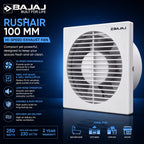 A Bajaj Rushair 100 mm high-speed exhaust fan in white, shown on a dark blue promotional background with product features, specifications, and usage icons.