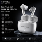 Nirvana Ivy true wireless earbuds in silver and white, shown with their charging case on a dark marble surface against a black background, with product features listed on the left.