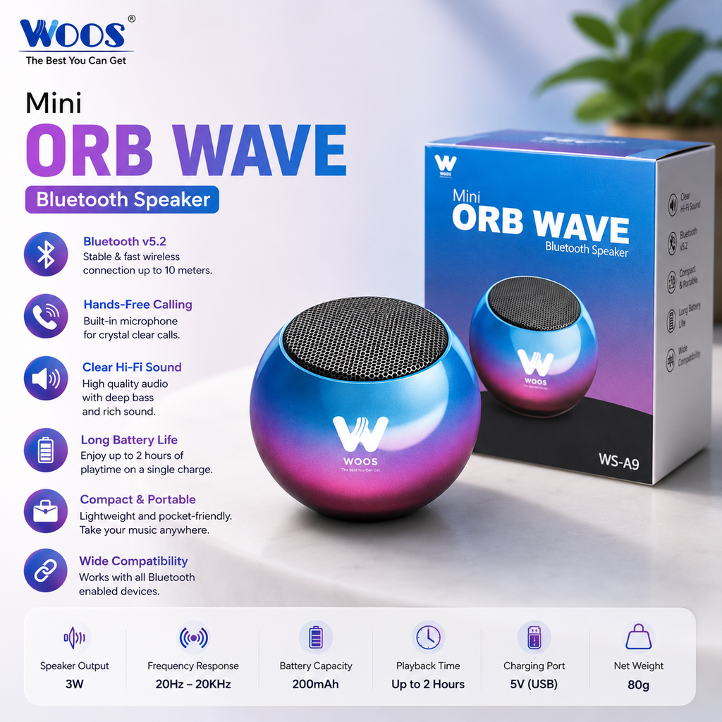 WOOS Mini ORB Wave Bluetooth speaker shown with its retail box on a clean white background, alongside feature callouts and icons describing connectivity, audio quality, battery life, and portability.