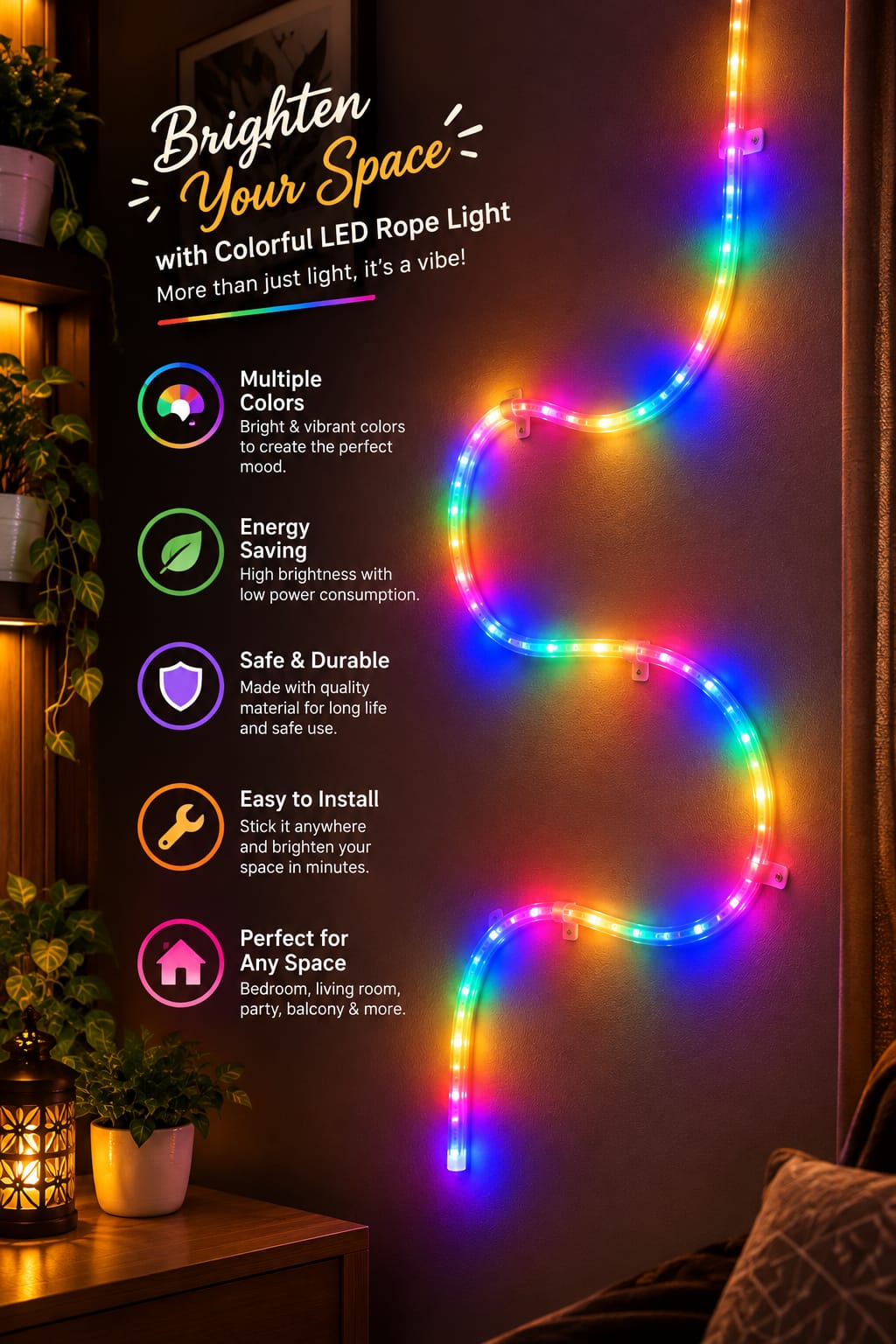 Multicolor LED rope light strands draped along a dark wall in a home interior, with promotional text on the left highlighting features like multiple colors, energy saving, safety, and easy installation.