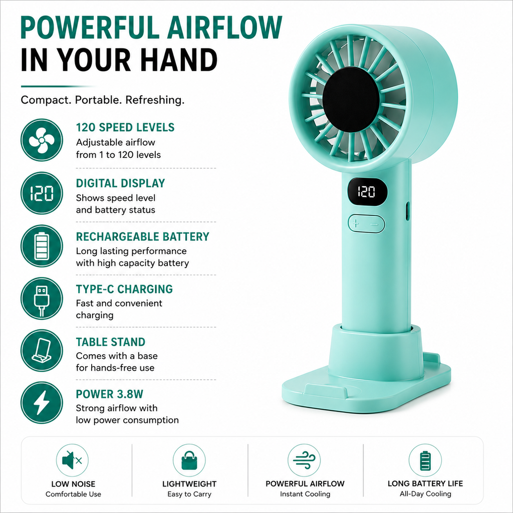 portable Hand Fan | Mini fan |Portable Handheld Fan with Digital Display & Table Stand – 120 Speed Levels