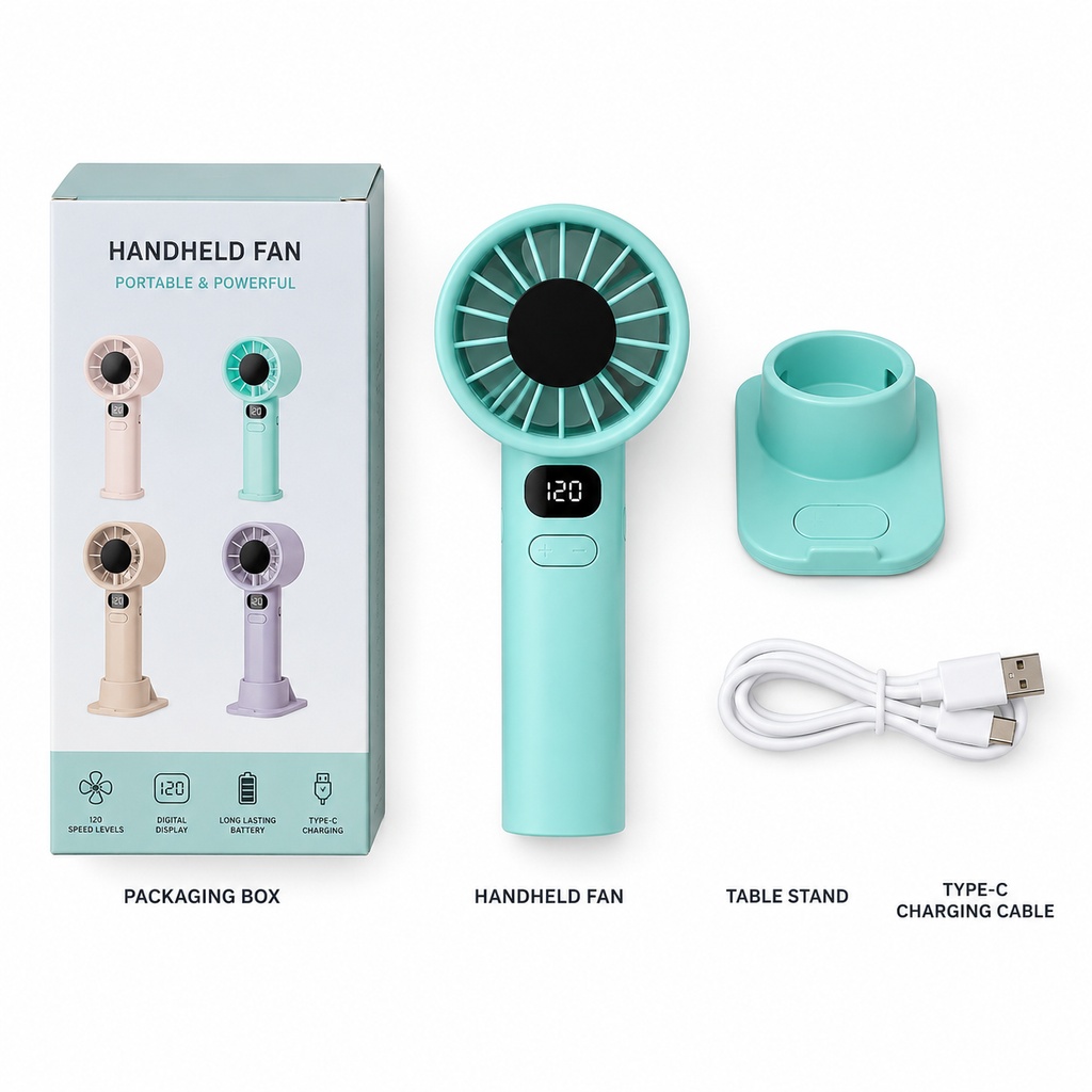 portable Hand Fan | Mini fan |Portable Handheld Fan with Digital Display & Table Stand – 120 Speed Levels