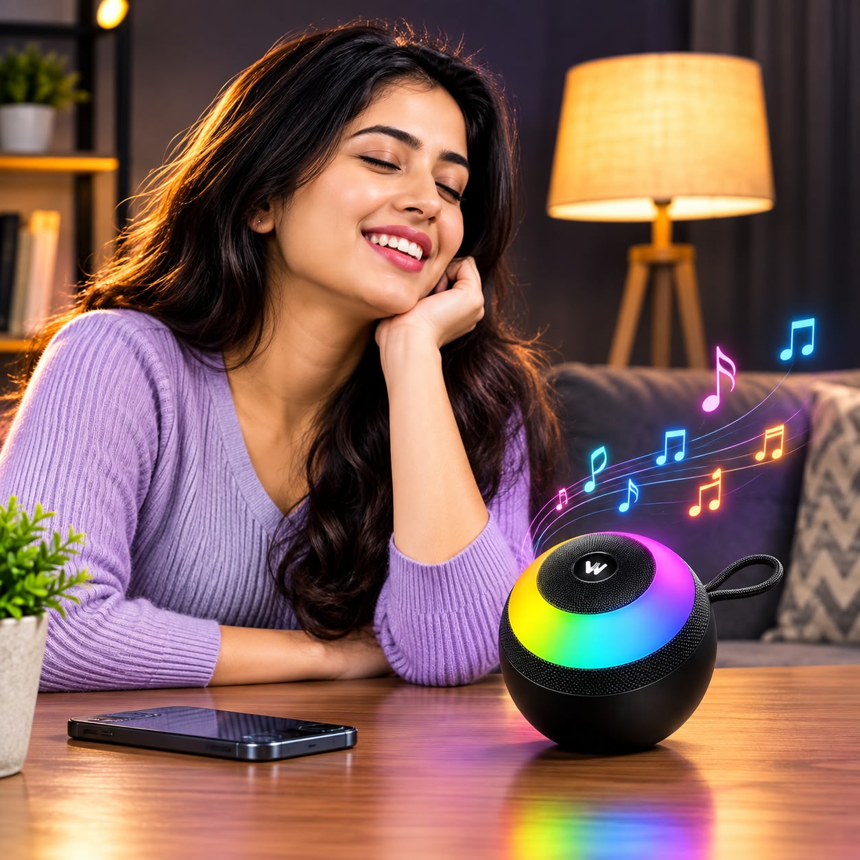 A woman smiling at a wooden table with a glowing black spherical speaker emitting colorful music notes. The speaker has a rainbow LED ring and a small carry loop, with a smartphone nearby and a cozy living room background with a lamp and couch.