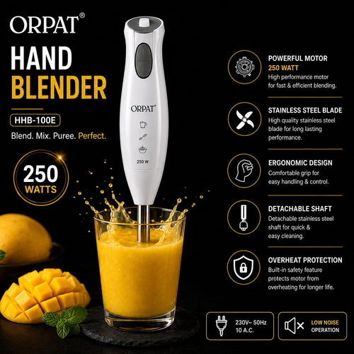An ORPAT hand blender shown blending orange juice in a glass, with promotional text and feature callouts on a dark background. The blender has a white body with a gray button, and the image includes mangoes and mint leaves as props.