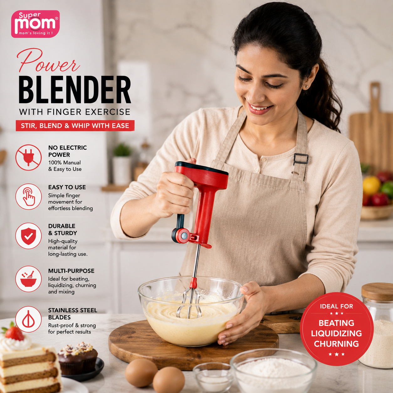 A woman in a beige apron blends a bowl of batter using a red cordless hand blender with a finger-exercise wrist strap. The scene is set in a bright kitchen with product marketing text on the left and a red badge on the right.