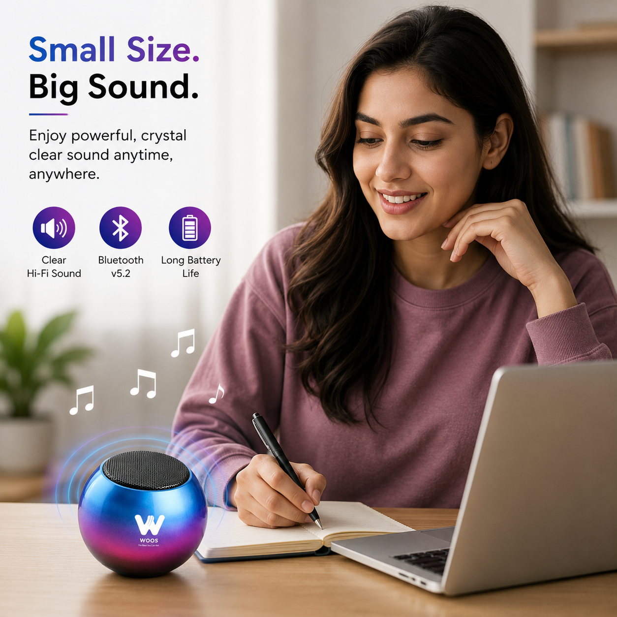 A woman at a desk using a laptop and writing in a notebook, with a small round Bluetooth speaker in the foreground. The speaker has a blue-to-purple iridescent finish and a white 'W' logo.