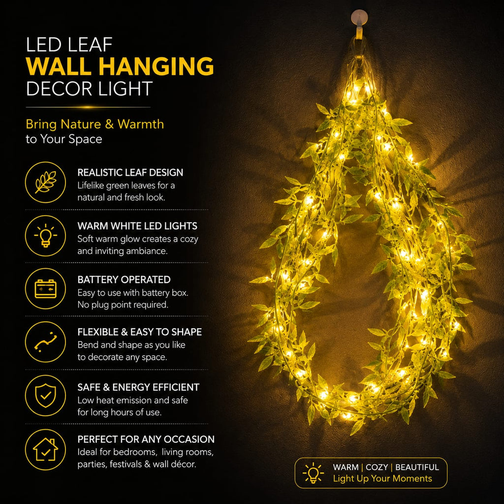 LED leaf wall hanging decoration light with warm white glowing lights and green leaf-shaped branches, shown hanging against a dark background with feature callouts and text.