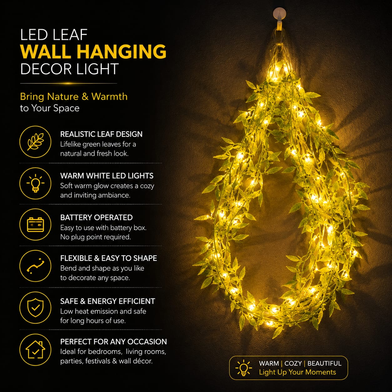 LED leaf wall hanging decoration light with warm white glowing lights and green leaf-shaped branches, shown hanging against a dark background with feature callouts and text.