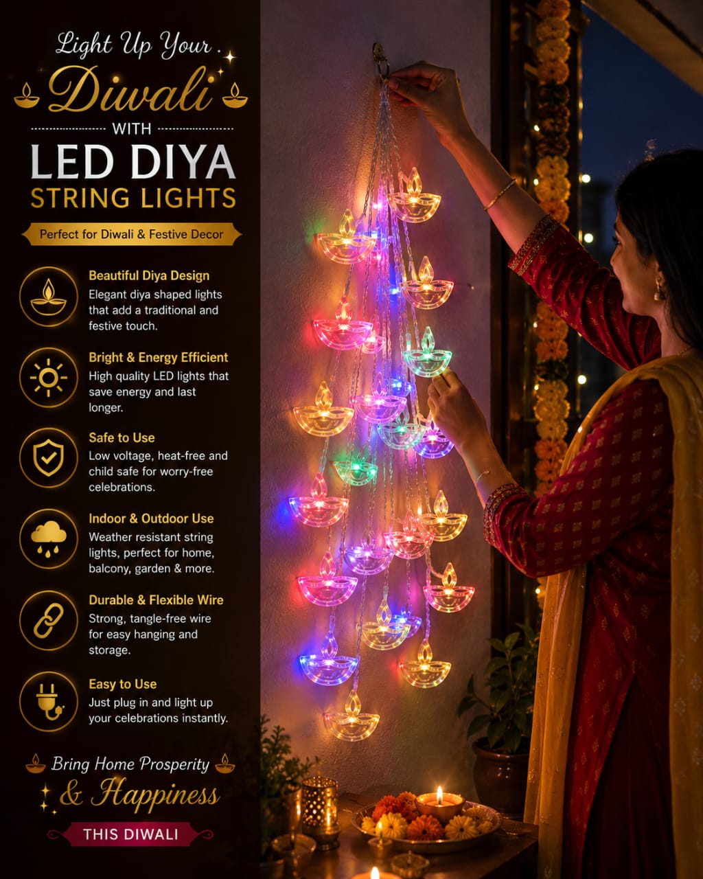 A woman in a red and gold sari hangs a string of colorful LED diya string lights shaped like traditional oil lamps. The left side features a promotional graphic with text and icons highlighting the product's features, such as beautiful design, bright energy-efficient lights, and safe use.