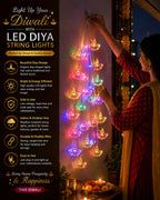 A woman in a red and gold sari hangs a string of colorful LED diya string lights shaped like traditional oil lamps. The left side features a promotional graphic with text and icons highlighting the product's features, such as beautiful design, bright energy-efficient lights, and safe use.