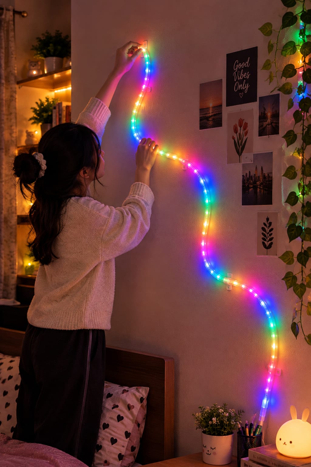 A person in a cozy bedroom setting adjusts a vibrant, multicolor LED curtain string light draped across a wall. The warm ambient lighting of the room highlights the rainbow-colored glow of the light strips.