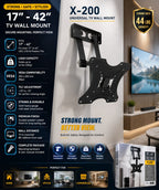 Black X-200 TV wall mount shown mounted on a wall next to a TV, with a large product infographic on the left and the product box at bottom right. The image includes text highlighting 17"-42" TV size compatibility, load capacity up to 44 lbs/inch, VESA compatibility, tilt adjustment, and wall distance.