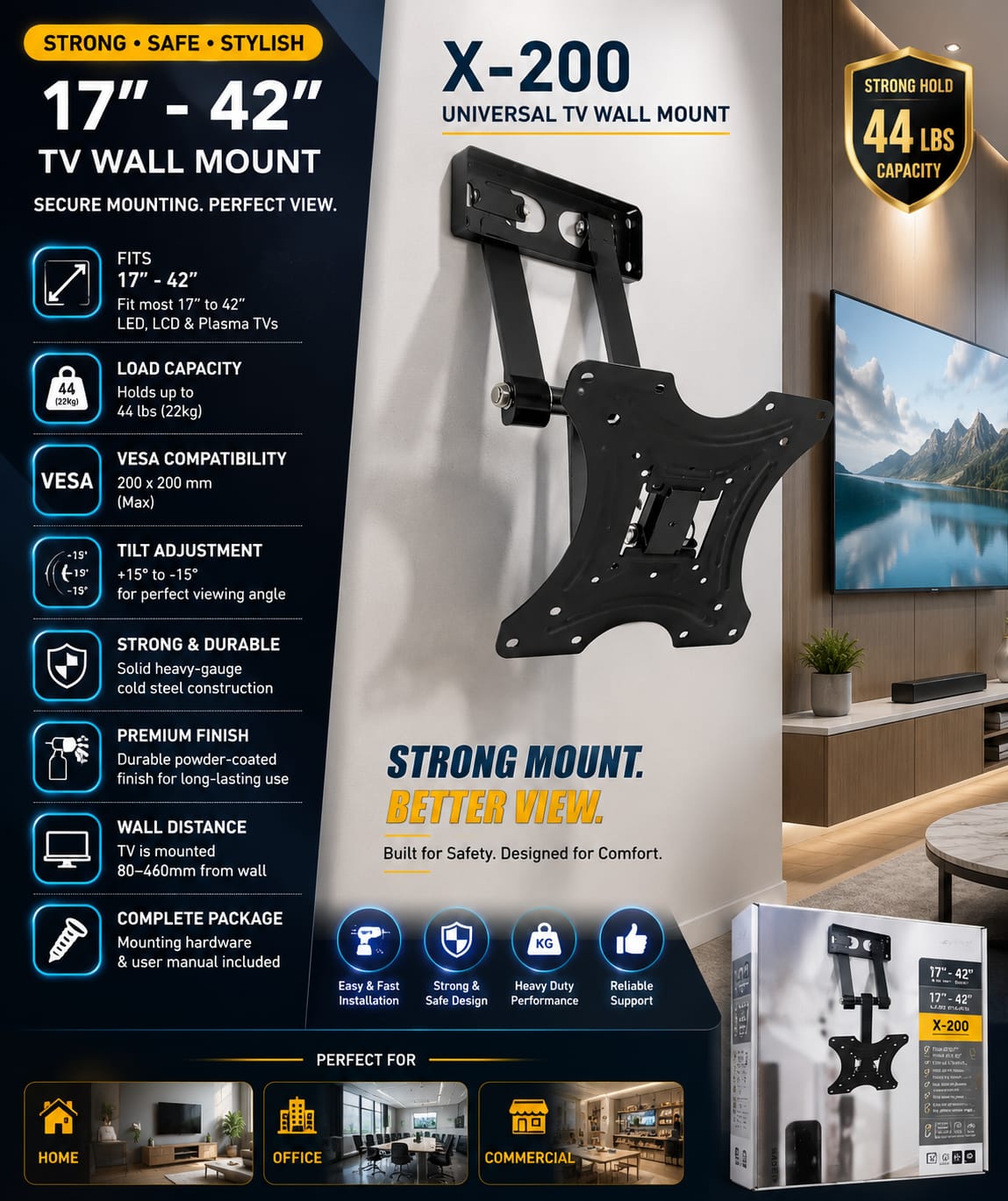 Black X-200 TV wall mount shown mounted on a wall next to a TV, with a large product infographic on the left and the product box at bottom right. The image includes text highlighting 17"-42" TV size compatibility, load capacity up to 44 lbs/inch, VESA compatibility, tilt adjustment, and wall distance.