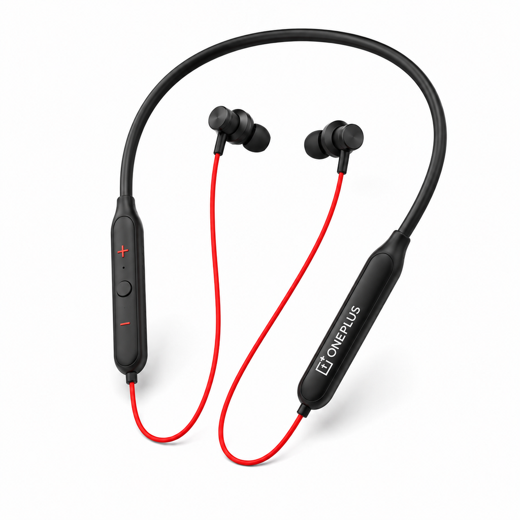 Black and red OnePlus neckband wireless earphones on a clean white background.