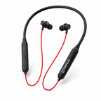 Black and red OnePlus neckband wireless earphones on a clean white background.