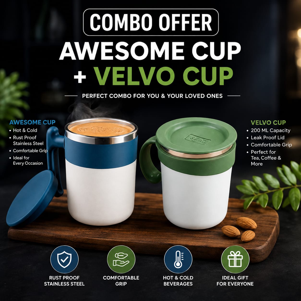 Two insulated travel mugs shown on a wooden tray in a promotional composite. The left mug is white with a blue handle and blue band, filled with an orange beverage; the right mug is white with a green handle and green lid.