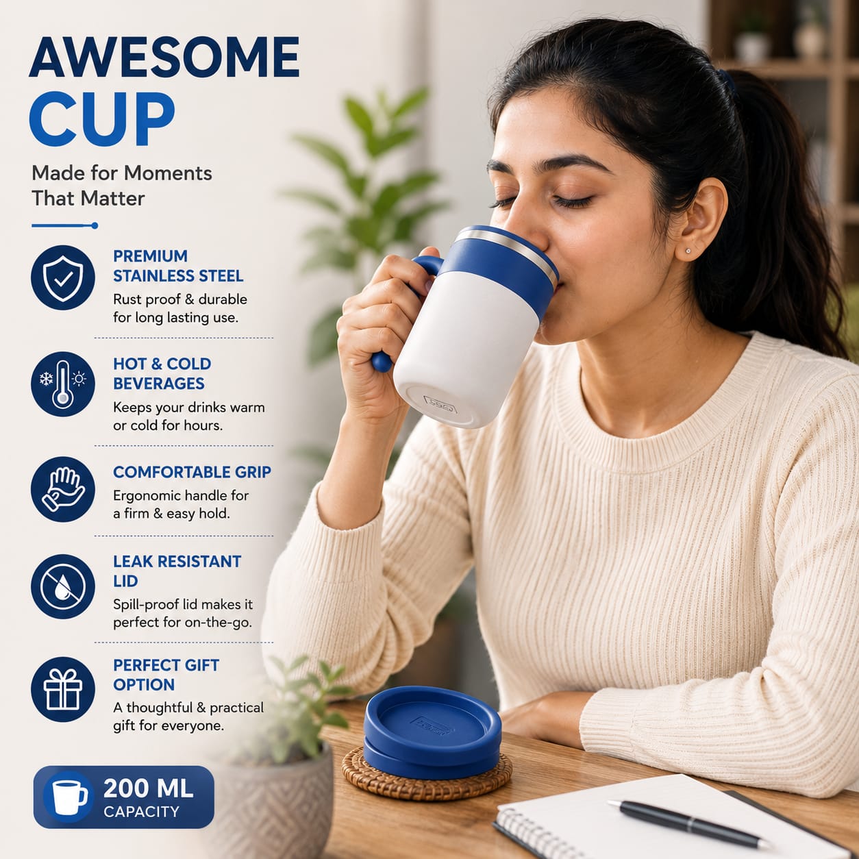 A woman in a cream sweater holds a white and blue insulated mug while drinking from it at a desk. The left side features promotional text highlighting the mug's premium stainless steel construction, comfortable grip, leak-resistant lid, and 200 ml capacity.