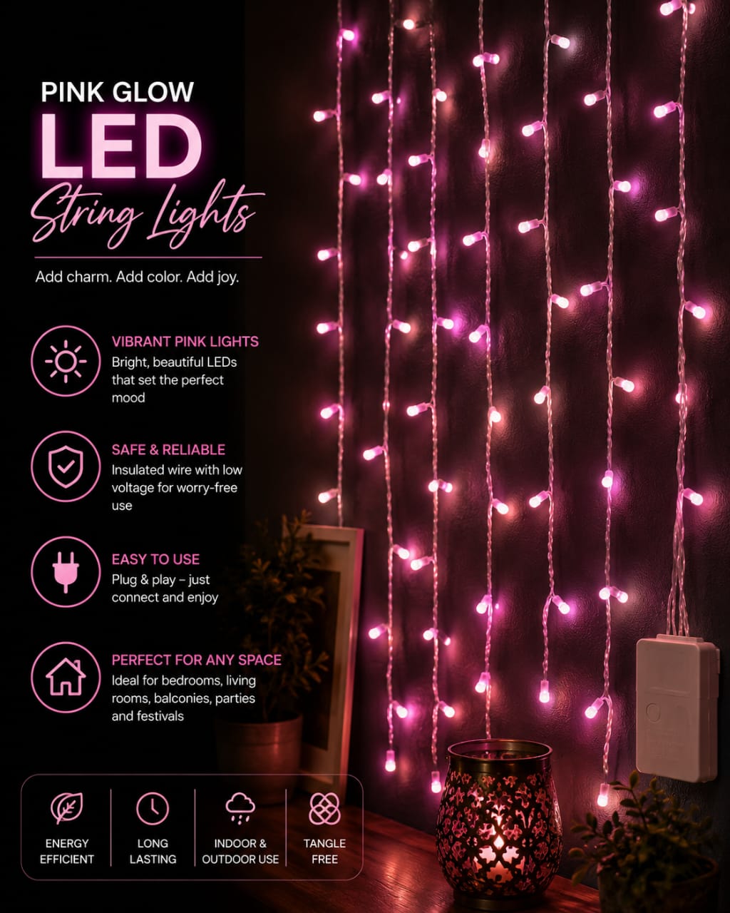 Pink glow LED string lights hanging vertically in a curtain pattern against a dark background, with promotional text and feature icons on the left side. A lit decorative lantern and plants are placed below the lights.