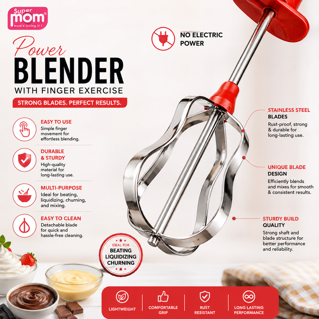 A promotional infographic for a stainless steel power blender with finger exercise handles. The image features the product on a white background with red accents, surrounded by text callouts detailing its features like 'No Electric Power', 'Stainless Steel Blades', and 'Unique Blade Design'.