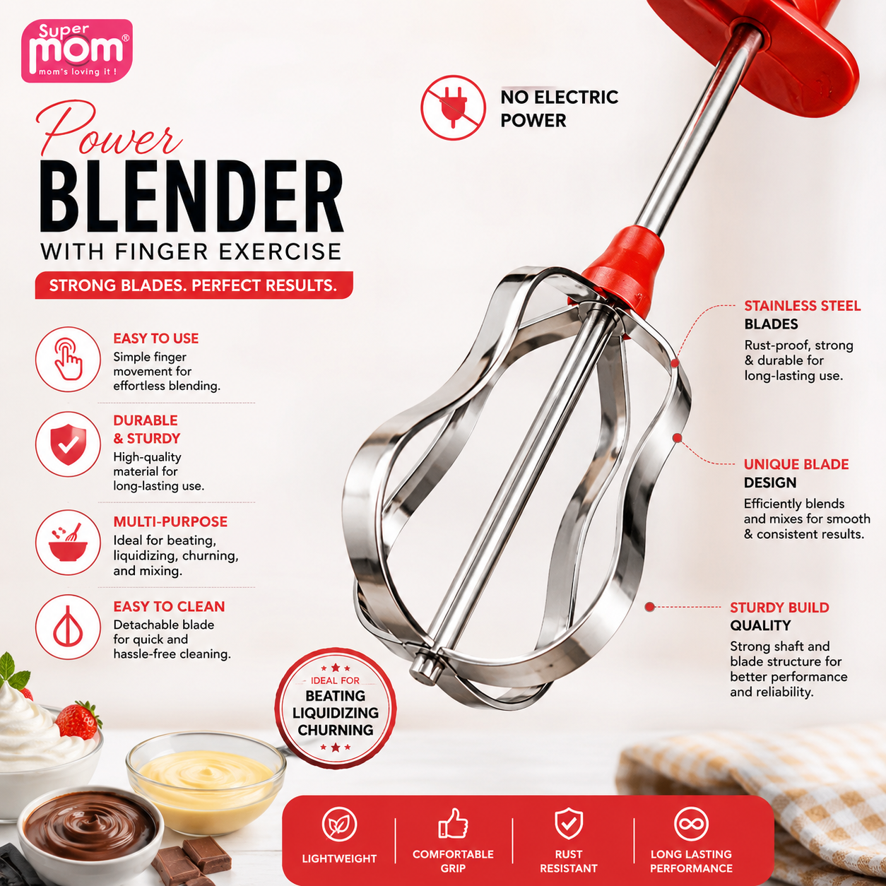 A promotional infographic for a stainless steel power blender with finger exercise handles. The image features the product on a white background with red accents, surrounded by text callouts detailing its features like 'No Electric Power', 'Stainless Steel Blades', and 'Unique Blade Design'.