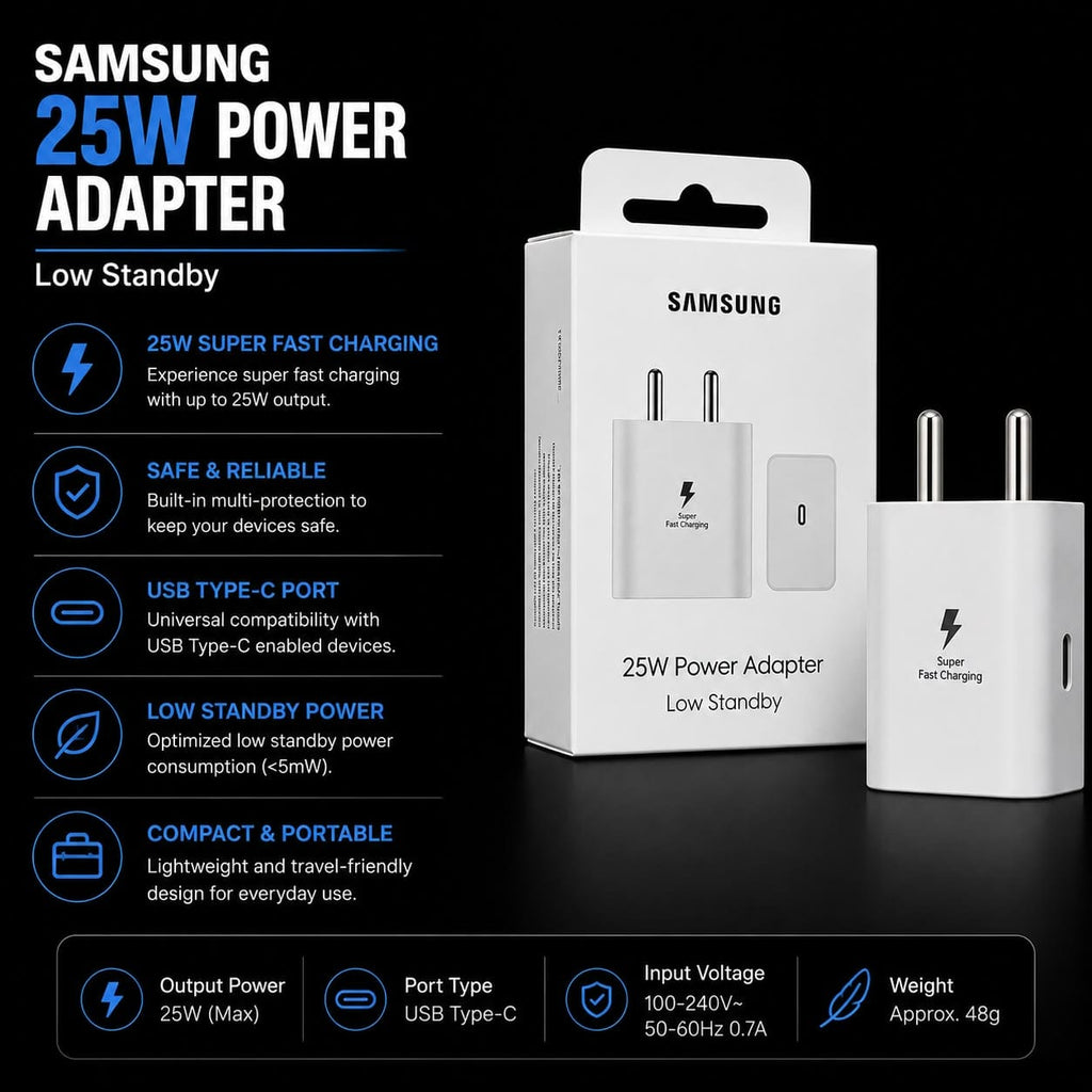 Samsung 25W Power Adapter shown with its retail box on a black background, accompanied by feature callouts and icons describing low standby, USB-C port, safe reliability, compact size, and 25W output.