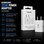 Samsung 25W Power Adapter shown with its retail box on a black background, accompanied by feature callouts and icons describing low standby, USB-C port, safe reliability, compact size, and 25W output.
