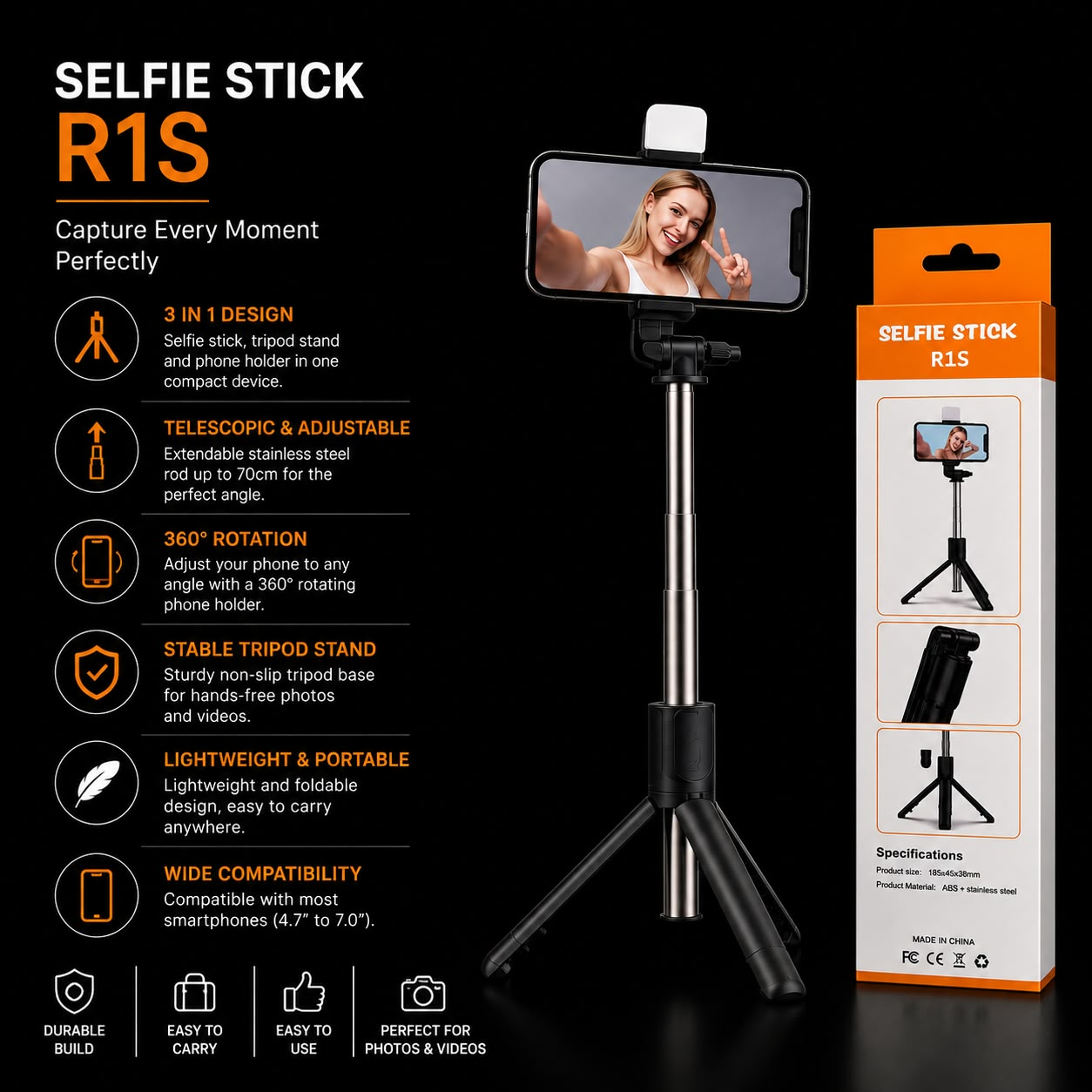 Selfie stick R1S phone tripod stand shown on a black background with product features listed in text and a retail box on the right. The selfie stick has a white top attachment, silver tripod legs, and a phone mounted in the center.