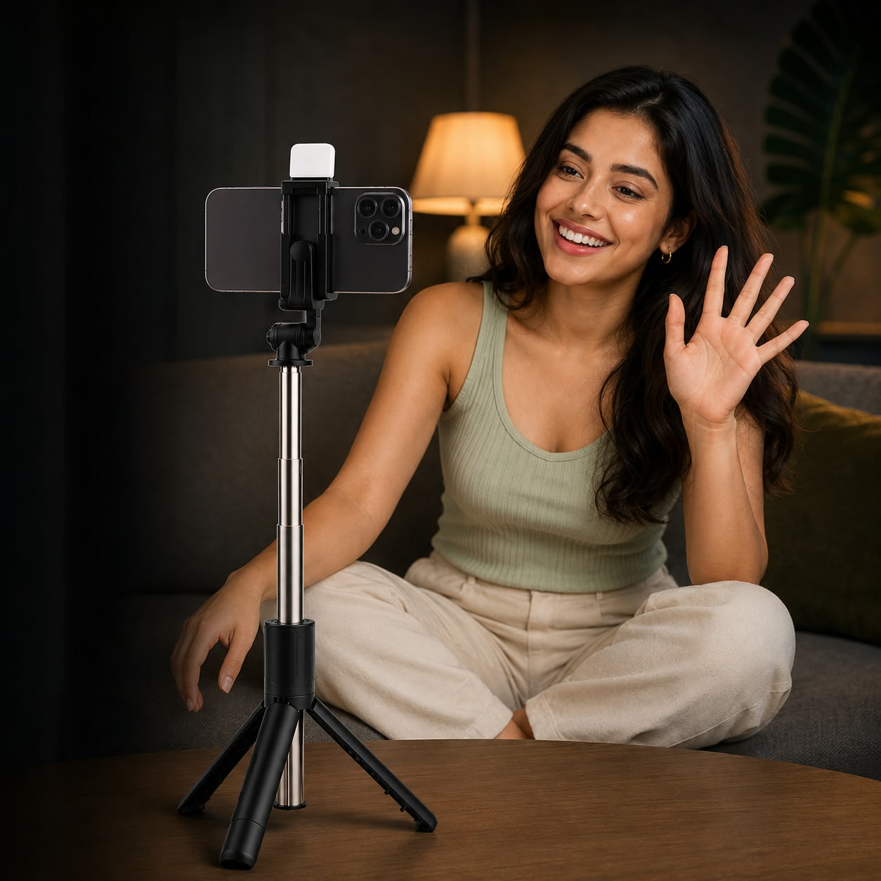 A woman sitting on a couch in a dimly lit living room waves while using a smartphone mounted on a black selfie stick tripod. The phone is black with a white clip, and the background features a warm lamp and a dark green plant.