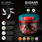 Sigma pull chopper blender jar with a blue lid, red pull ring, and clear container filled with chopped vegetables, shown on a dark background with product features and blade detail callouts.