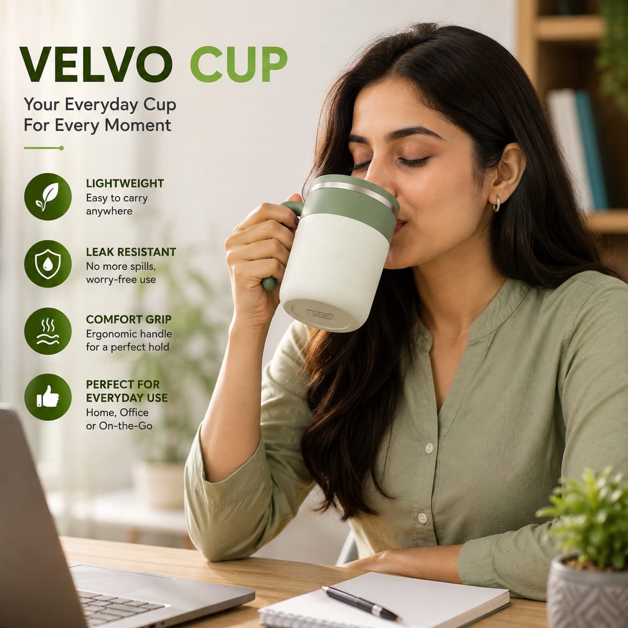 A woman in a sage green blouse sits at a wooden desk drinking from a white and sage green insulated coffee mug. The image features promotional text for a 'VELVO CUP' with feature icons on the left side.