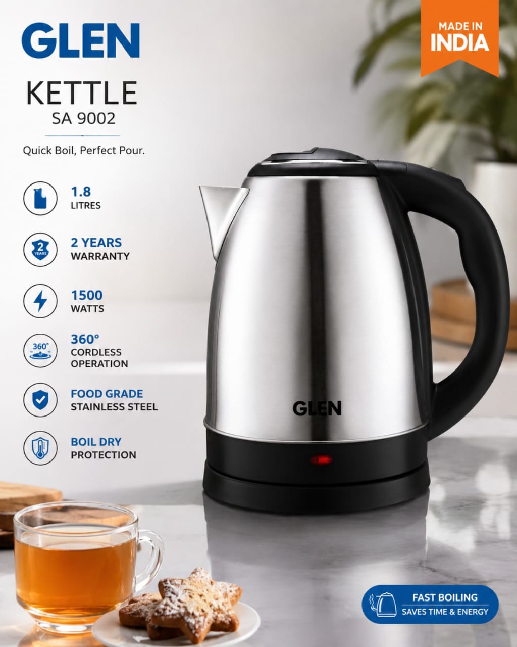 Electric stainless steel kettle of glen only in 1200 with 2 years of warranty 