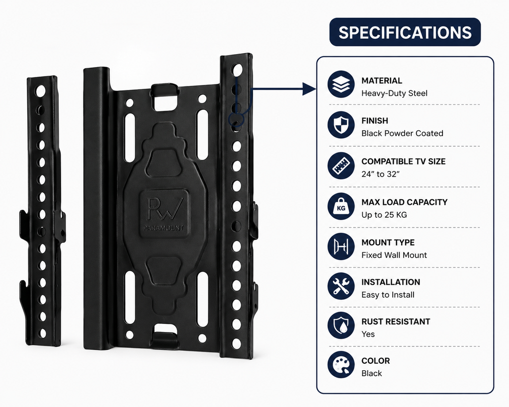 Black powder-coated heavy-duty TV wall mount bracket shown on a white background, with a specifications panel listing material, finish, TV size, load capacity, mount type, installation, rust resistance, and color.