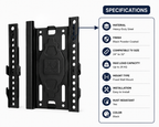 Black powder-coated heavy-duty TV wall mount bracket shown on a white background, with a specifications panel listing material, finish, TV size, load capacity, mount type, installation, rust resistance, and color.