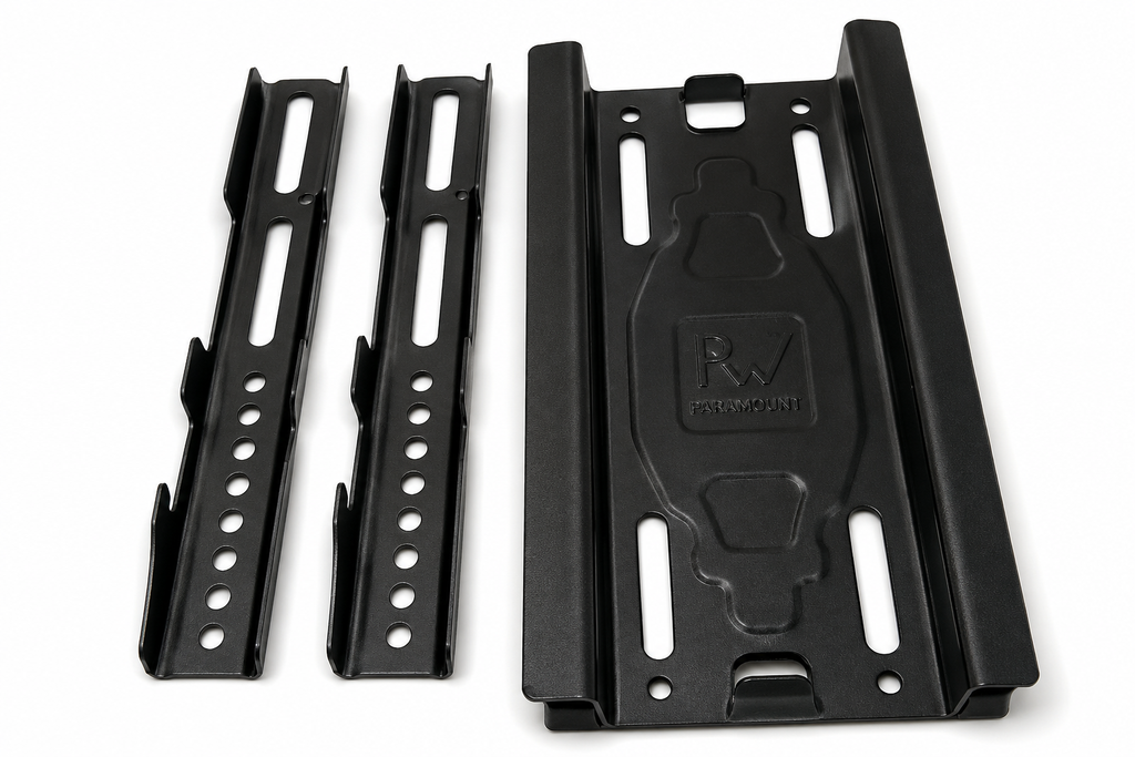 Black metal TV wall mount bracket components on a white background, including two adjustment rails and a larger mounting plate with an embossed RV Direct logo.