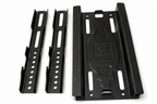 Black metal TV wall mount bracket components on a white background, including two adjustment rails and a larger mounting plate with an embossed RV Direct logo.