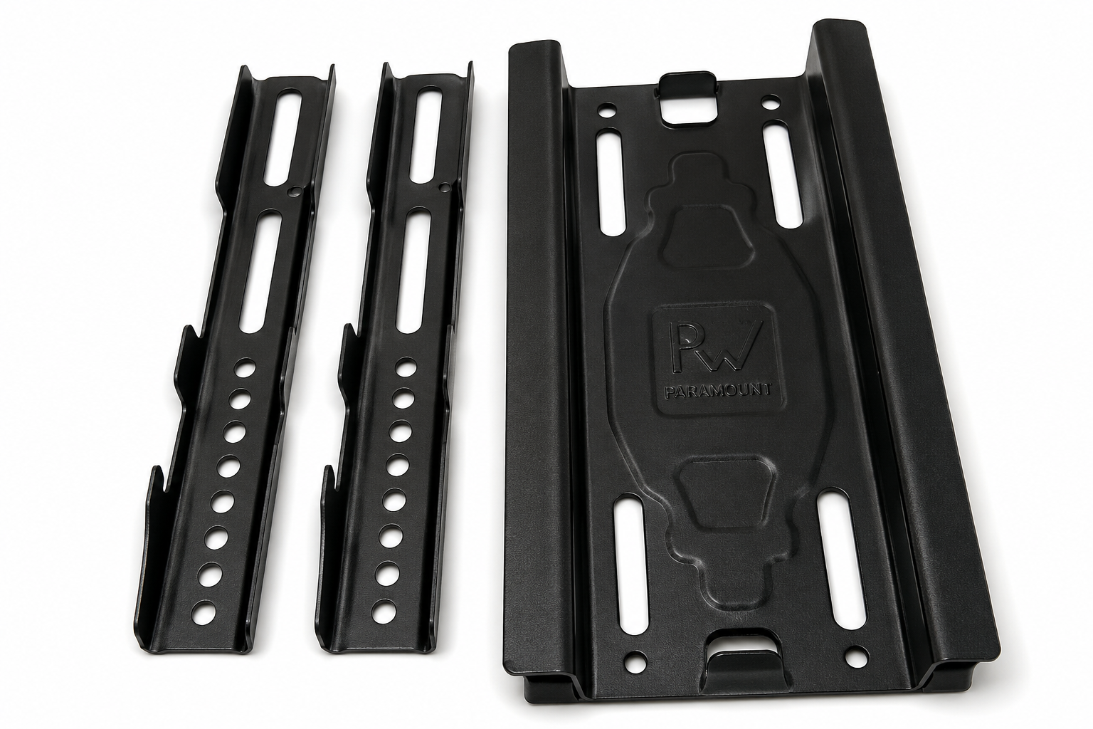 Black metal TV wall mount bracket components on a white background, including two adjustment rails and a larger mounting plate with an embossed RV Direct logo.