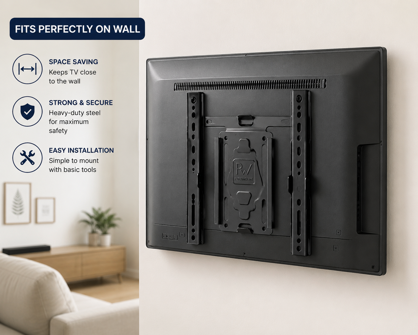 A black TV wall mount bracket shown mounted on a light beige wall, with marketing text on the left highlighting space-saving, strong security, and easy installation.