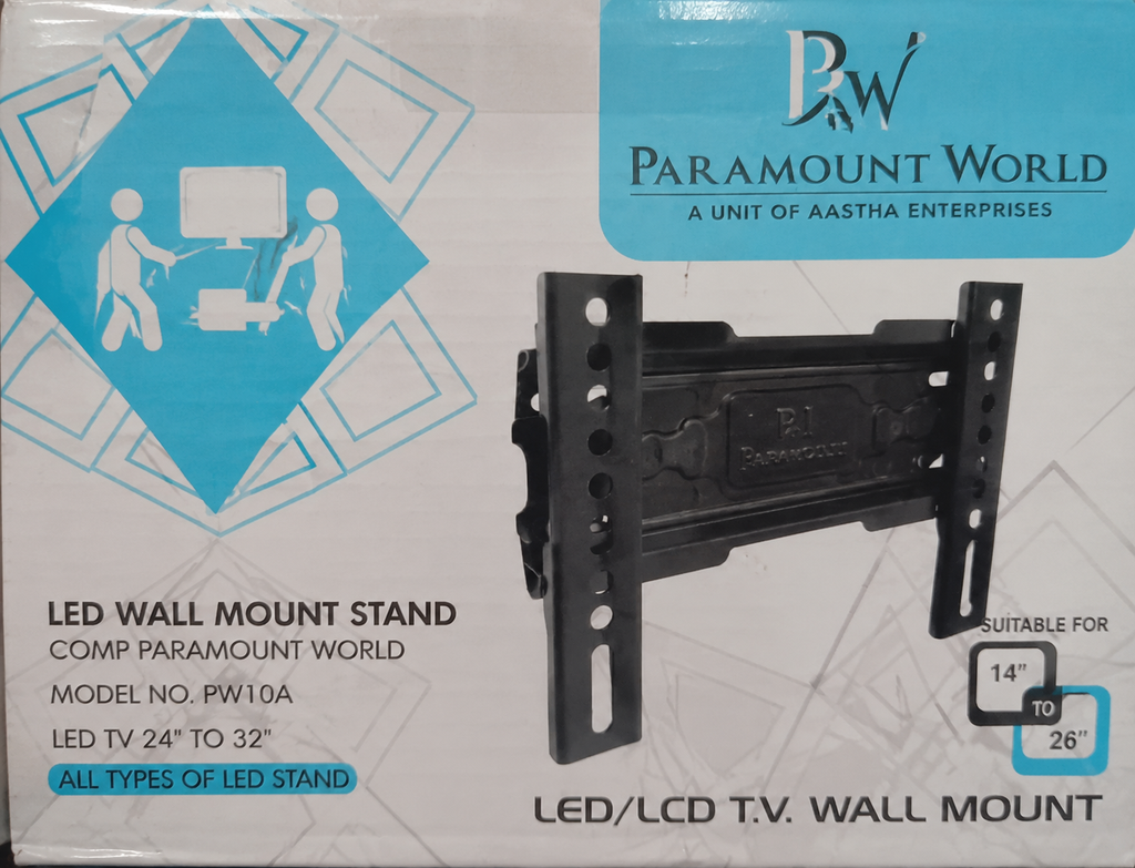 Paramount World LED wall mount stand product box showing a black metal bracket on a white and blue printed package.