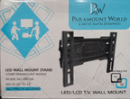 Paramount World LED wall mount stand product box showing a black metal bracket on a white and blue printed package.