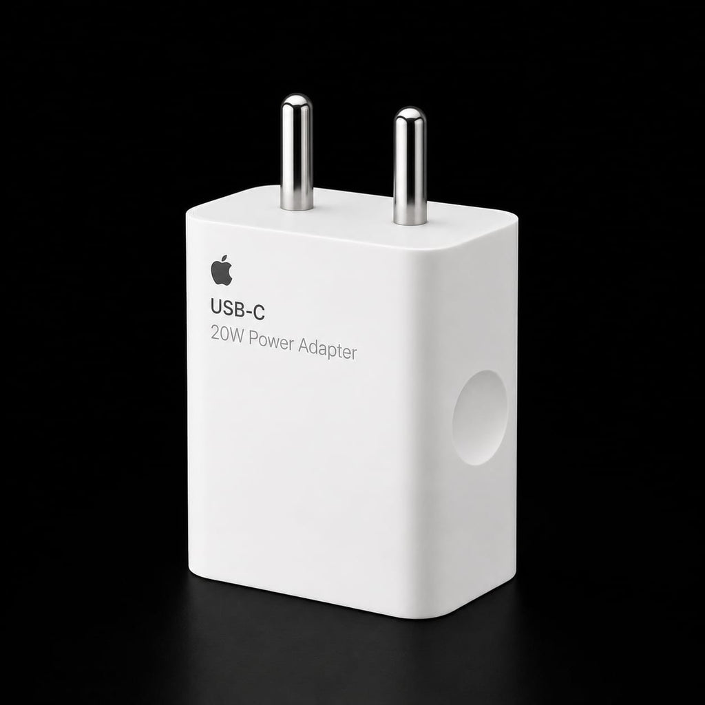 A white Apple USB-C 20W power adapter with two silver metal pins, shown on a solid black background.