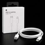 White Apple USB-C to Lightning cable shown next to its white retail box on a black background.