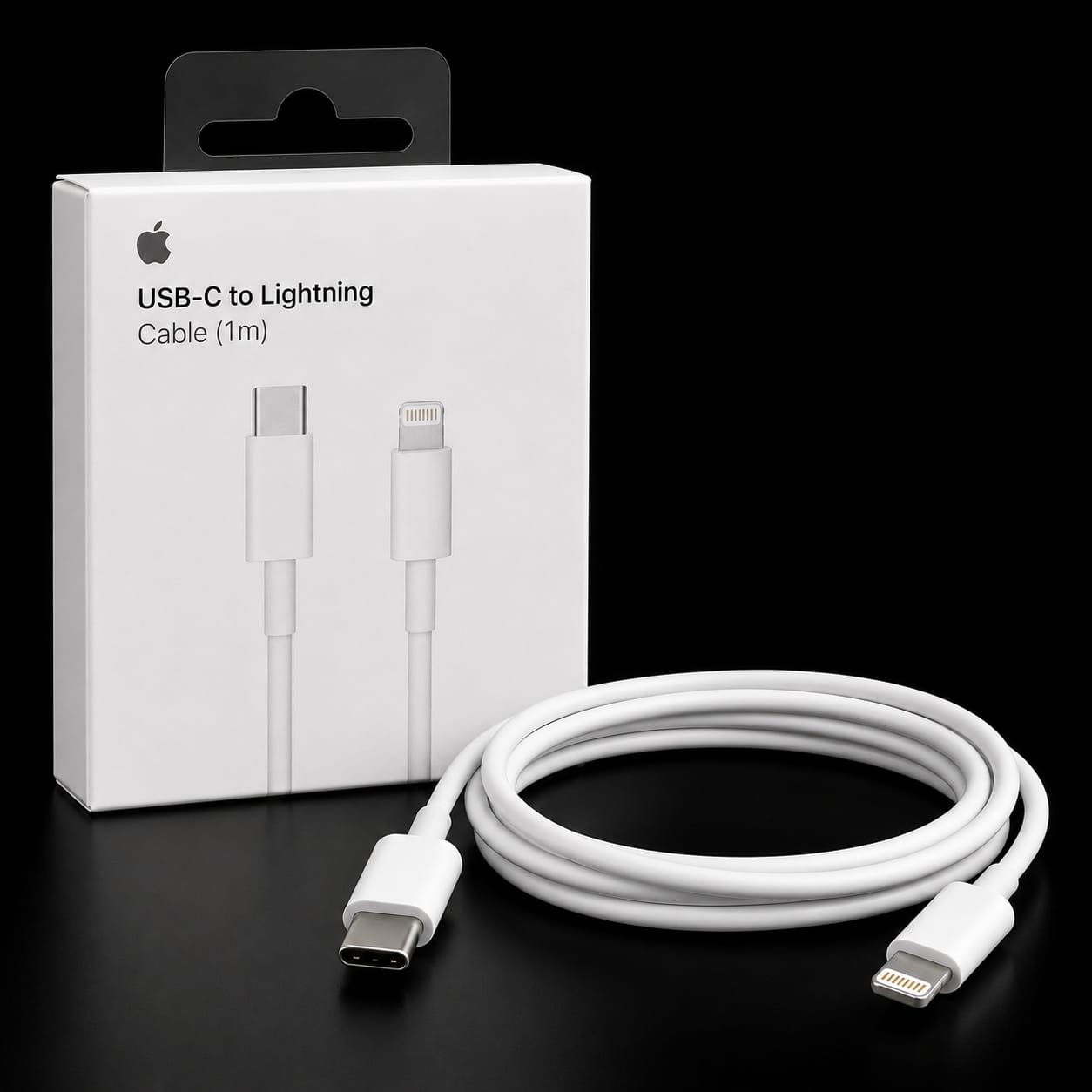 White Apple USB-C to Lightning cable shown next to its white retail box on a black background.