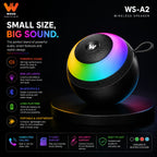 A black WOOS WS-A2 wireless speaker with a colorful RGB LED ring, shown on a black background with promotional text and feature icons.