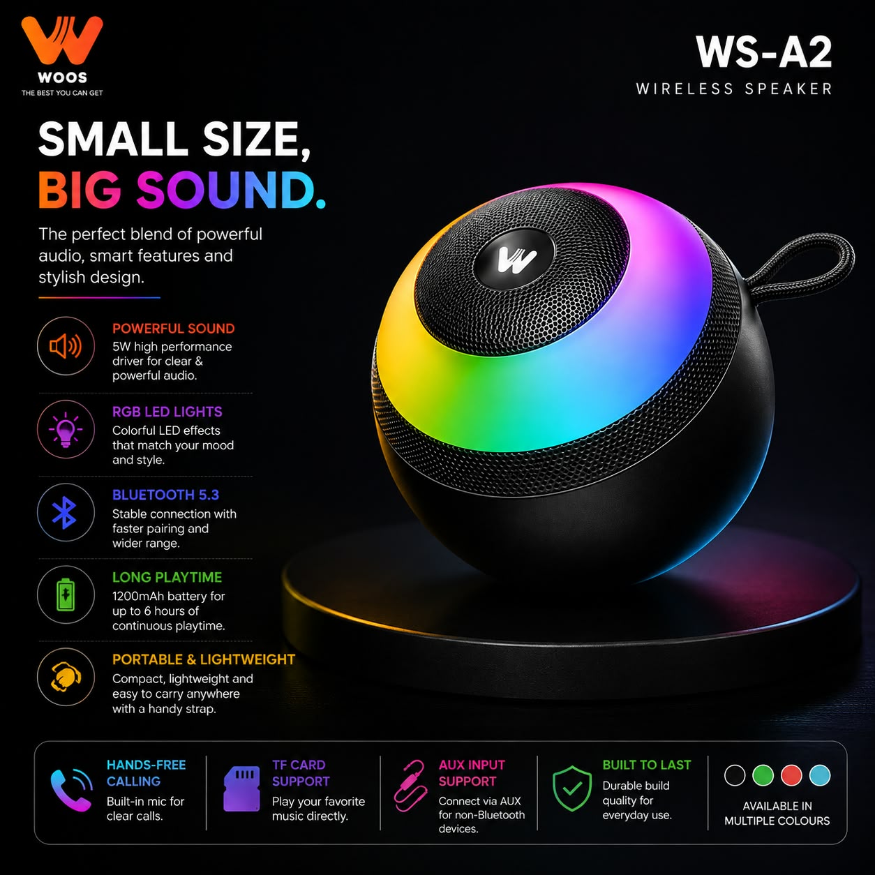 A black WOOS WS-A2 wireless speaker with a colorful RGB LED ring, shown on a black background with promotional text and feature icons.