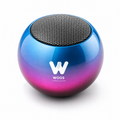 A spherical WOOS portable Bluetooth speaker with a glossy blue-to-purple-to-pink gradient finish and a black mesh top grille, shown on a white background.