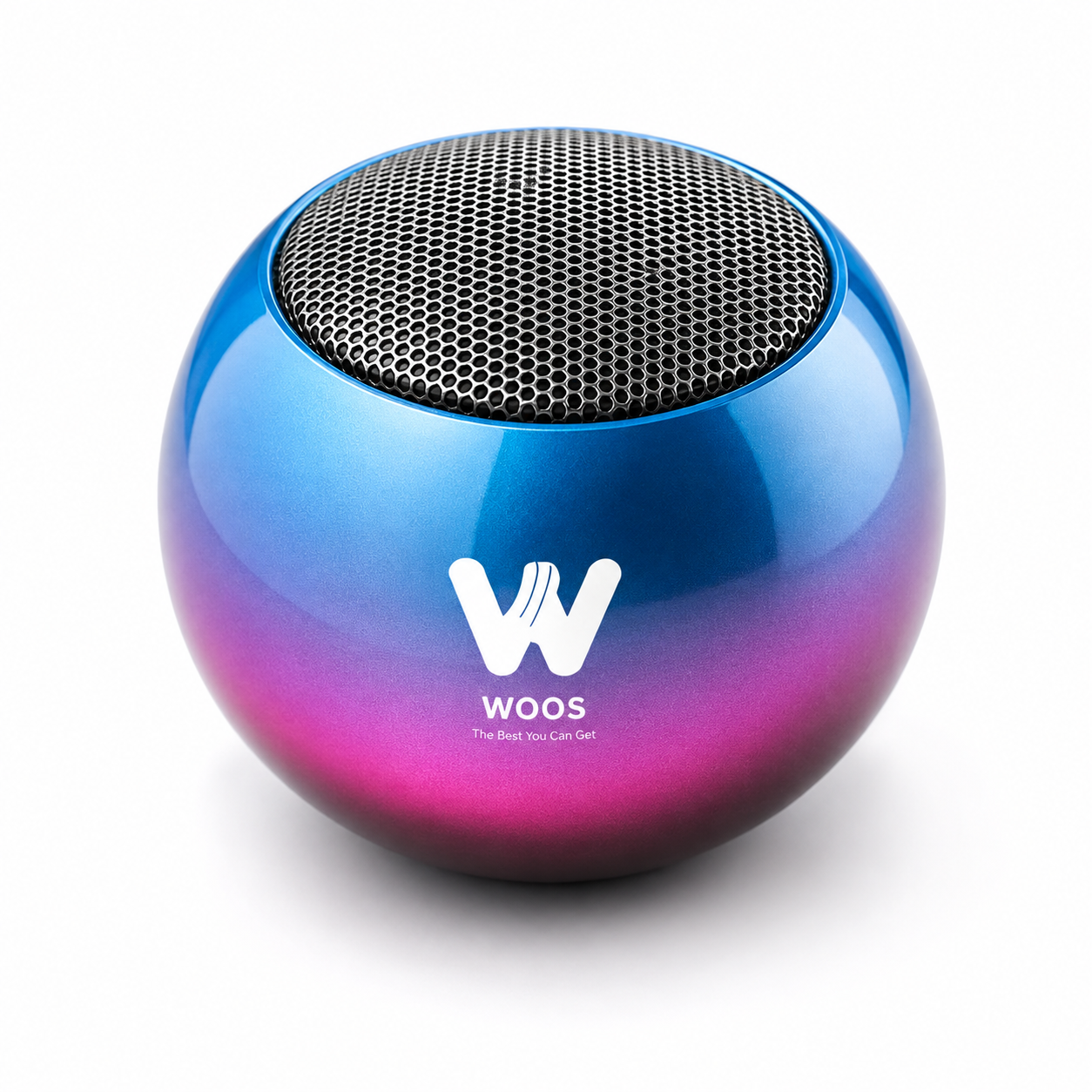 A spherical WOOS portable Bluetooth speaker with a glossy blue-to-purple-to-pink gradient finish and a black mesh top grille, shown on a white background.