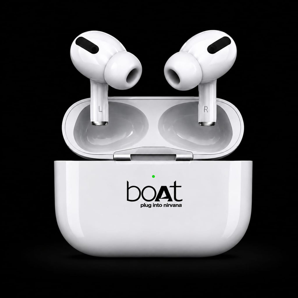 White wireless earbuds in an open charging case with the brand name 'boat plug into nirvana' printed on the front, set against a solid black background.
